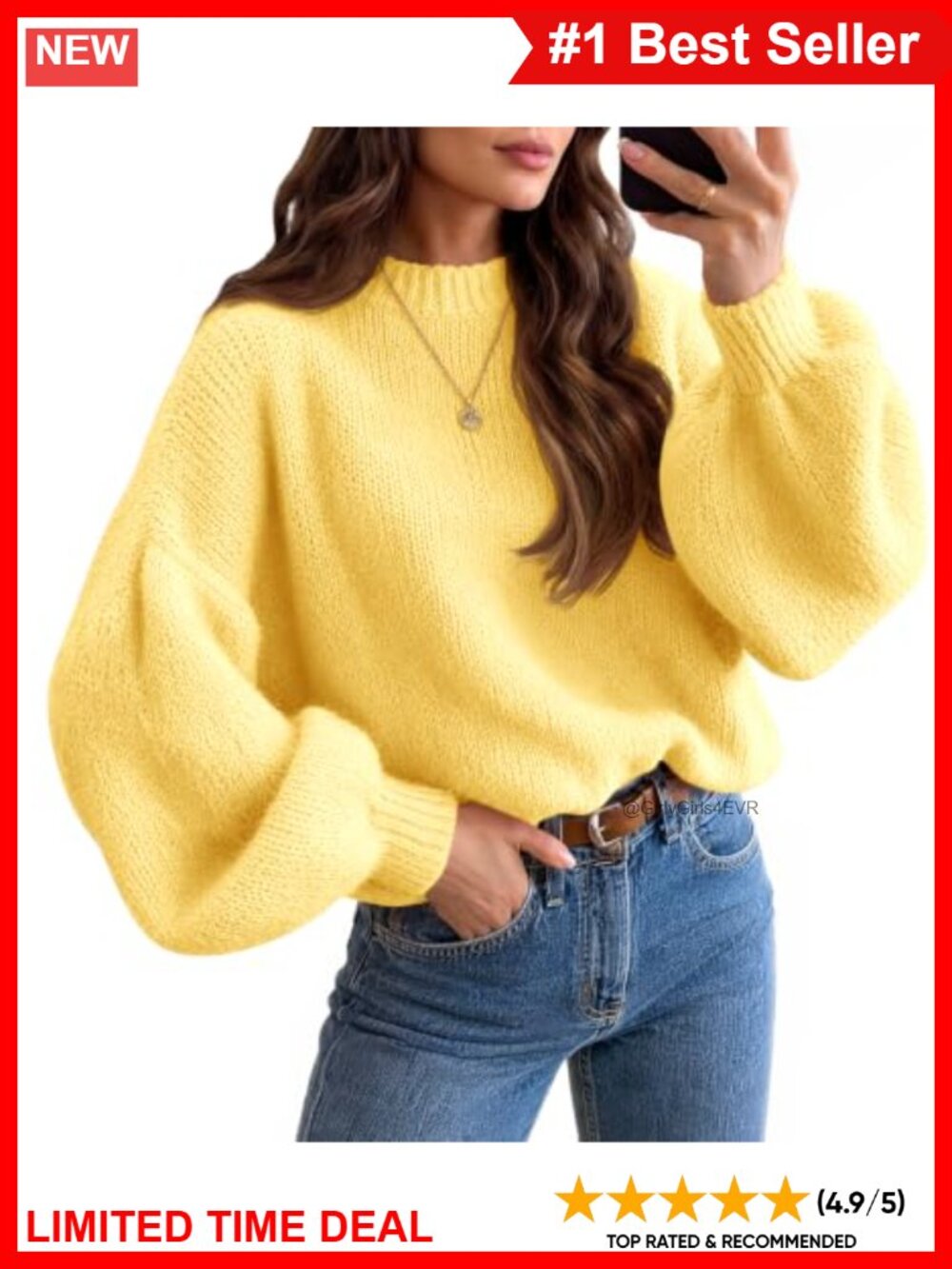 Slouchy Soft Knit Crew Neck Lantern Sleeve Pullover Sweater Women Fall Casual